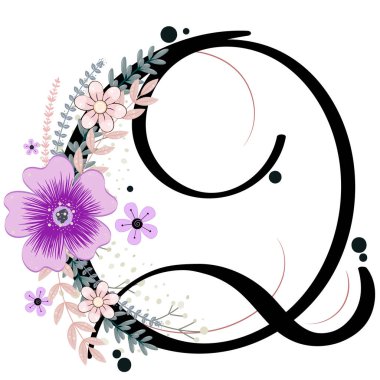 Alfabe süsleri. Çiçek ve yapraklı Q harfi çiçek vektörü, klasik el yazısı, davetiye kartı ve diğer konsept fikirler için dekorasyon klasiği. Resim mektubu Q yıldönümü.