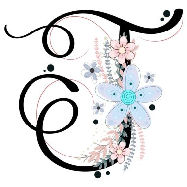 Alfabe süsleri. Çiçek ve yapraklı T harfi vektörü, klasik el yazısı, davetiye kartı ve diğer konsept fikirler için dekorasyon klasiği. Resim harfi T süslemeleri