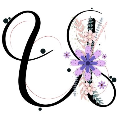 Alfabe süsleri. Çiçek ve yapraklı bir çiçek vektörü, klasik el yazısı, davetiye kartı ve diğer konsept fikirler için dekorasyon klasiği. Görüntü mektubu U yıldönümü