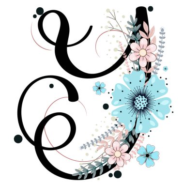 Alfabe süsleri. Çiçek ve yapraklı Y harfi vektörü, klasik el yazısı, davetiye kartı ve diğer konsept fikirler için dekorasyon klasiği. Resim harfi Y yıldönümü