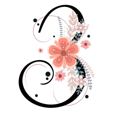 3 numaralı doğum günü kutlaması. Çiçekli ve yapraklı 3 numara. İllüstrasyon numaraları çiçekli