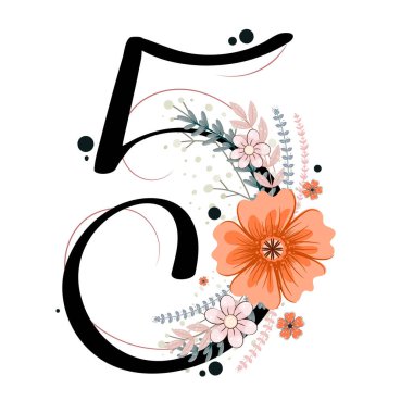 5 numara (5) doğum günü kutlaması. Çiçekli ve yapraklı 5 numara. İllüstrasyon numaraları çiçekli