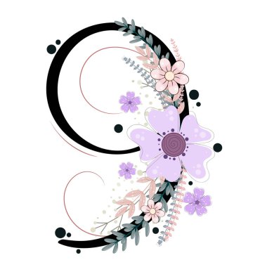 9 numara doğum günü kutlaması. 9 numara çiçek ve yapraklı vektör. İllüstrasyon çiçek numaraları