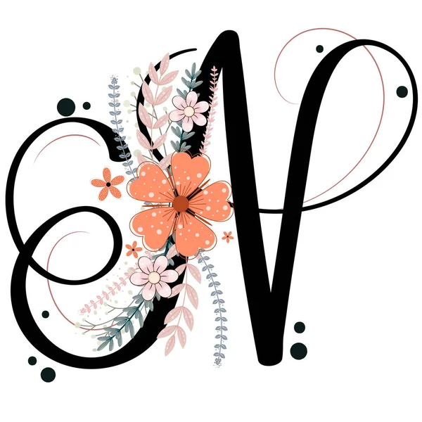 Αλφαβητικά Στολίδια Letter Floral Vector Λουλούδια Και Φύλλα Vintage Χειρόγραφη — Διανυσματικό Αρχείο