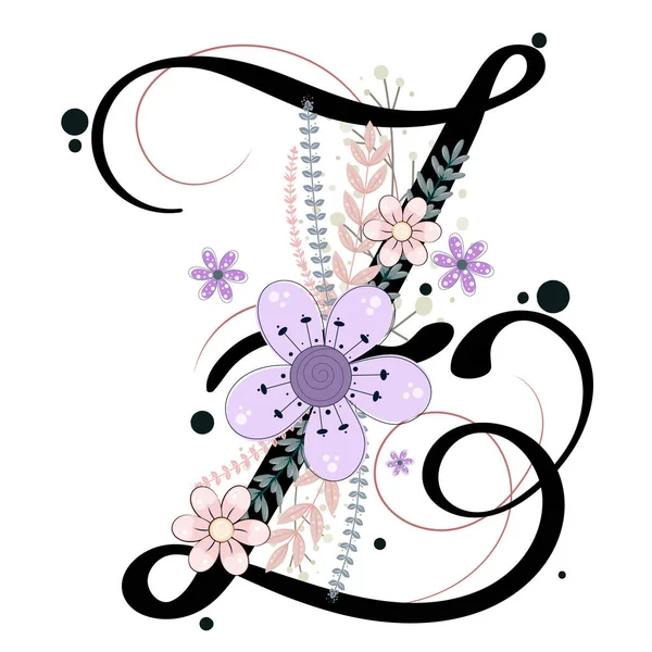Ornements Alphabétiques Lettre Vecteur Floral Avec Fleurs Feuilles Manuscrit Vintage — Image vectorielle