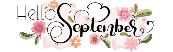 Hola Septiembre Ornamentos September Vector Mes Con Flores Hojas Decoración — Archivo Imágenes Vectoriales