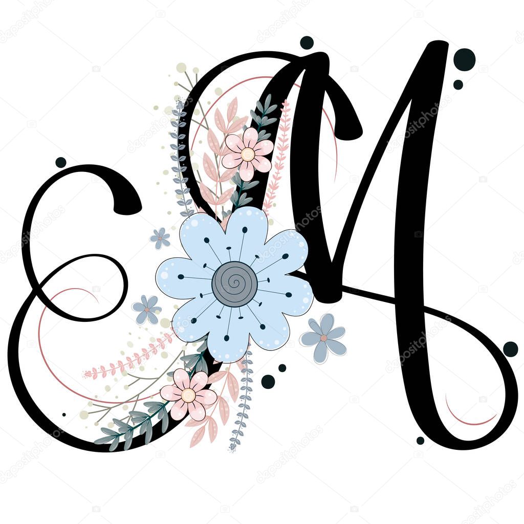 Alphabet ornaments. LETTER M floral vector with flowers and leaves, vintage handwritten, Decoration vintage for invites card and other concept ideas. Illustration letter M anniversary