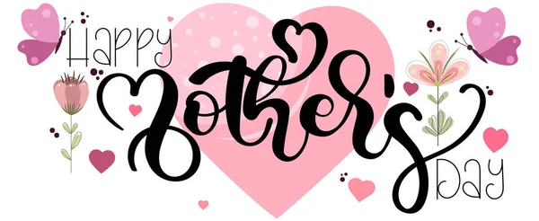 Viering Happy Mother Day Kalligrafie Vector Met Bloemen Vlinders Bladeren — Stockvector