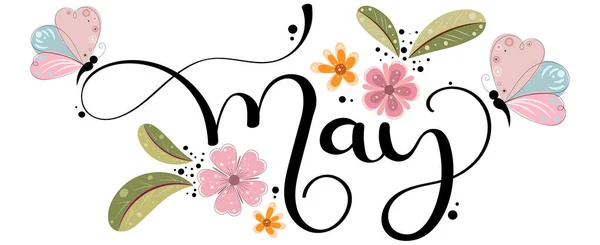 Hola May Mayo Vector Mes Con Flores Mariposa Hojas Decoración Gráficos Vectoriales