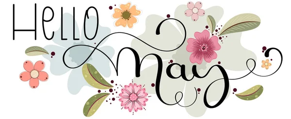 Hallo May Mei Maand Vector Met Bloemen Ornamenten Bladeren Decoratie — Stockvector