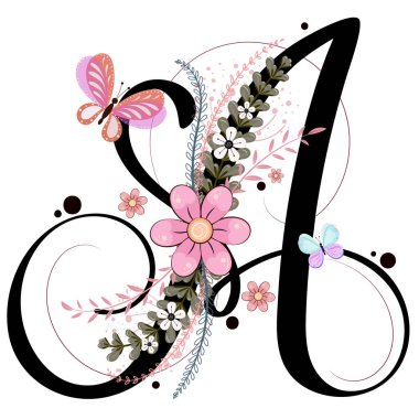 Alfabe harfi A vektörü çiçekli, kelebekli ve yapraklı. Tahsilat süsü mektupları. Görüntü Harfi A Yıldönümü