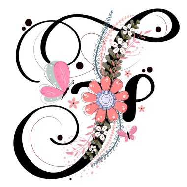 Çiçekli, kelebekli ve yapraklı F harfi. Tahsilat süsü mektupları. Görüntü Harfi F Yıldönümü