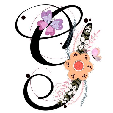 Çiçekli, kelebekli ve yapraklı G harfi. Tahsilat süsü mektupları. Görüntü Harfi G Yıldönümü