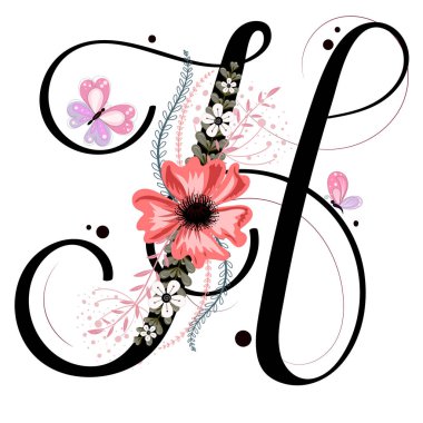 Çiçekli, kelebekli ve yapraklı H vektörü alfabesi. Tahsilat süsü mektupları. Görüntü Harfi H Yıldönümü