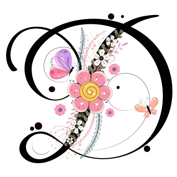 Çiçekli D vektörü, kelebek ve yapraklı alfabe harfi. Tahsilat süsü mektupları. Resim D harfi. Yıldönümü.