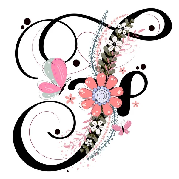 Αλφάβητο Γράμμα Διάνυσμα Λουλούδια Πεταλούδες Και Φύλλα Συλλογή Διακοσμητικών Επιστολών — Διανυσματικό Αρχείο