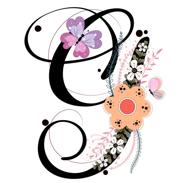 Çiçekli, kelebekli ve yapraklı G harfi. Tahsilat süsü mektupları. Görüntü Harfi G Yıldönümü