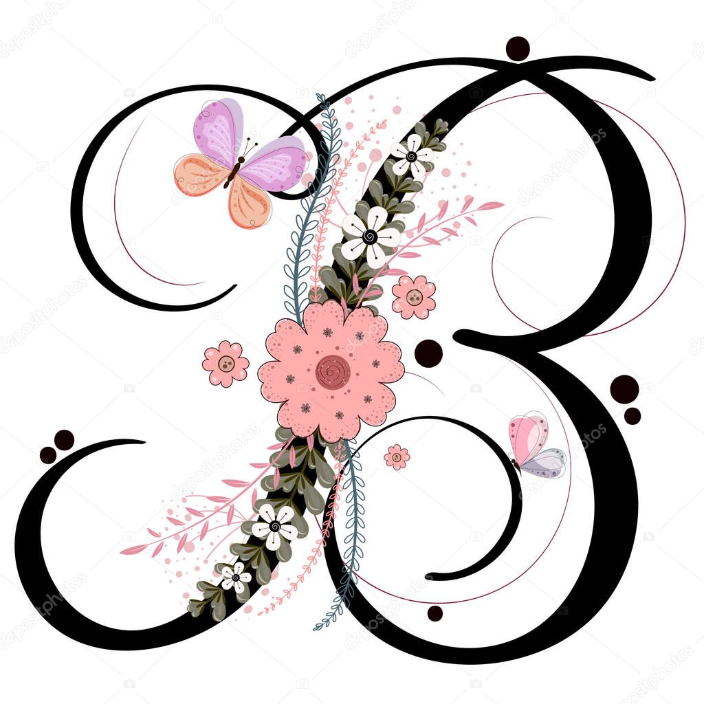 Alphabet letter B vector with flowers, butterfly and leaves. Collection Ornament letters. Illustration letter B Anniversary