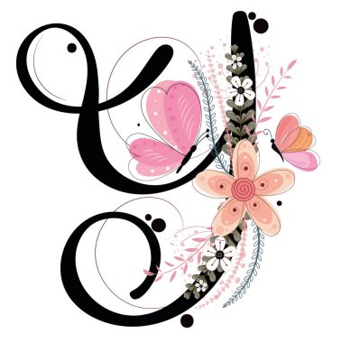 Alfabe süsleri. Çiçekli, kelebekli ve yapraklı Y harfi vektörü, klasik el yazısı, davetiye kartı ve diğer konsept fikirler için dekorasyon klasiği. Resim harfi Y yıldönümü