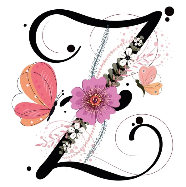 Αλφαβητικά Στολίδια Letter Floral Vector Λουλούδια Πεταλούδα Και Φύλλα Vintage — Διανυσματικό Αρχείο