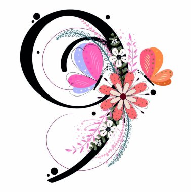 Dokuzuncu yaş günü kutlaması. Çiçekli, kelebekli ve yapraklı 9 numara vektörü. İllüstrasyon çiçek numaraları