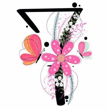 7 Numara: Doğum günü kutlaması. Çiçekli, kelebekli ve yapraklı 7 numara. İllüstrasyon numaraları süslemeleri