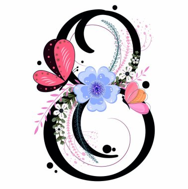 8 numara (8 numara) doğum günü kutlaması. Çiçekli, kelebekli ve yapraklı 8 numara vektör. İllüstrasyon çiçek numaraları