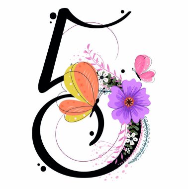 5 numara doğum günü kutlaması. Çiçekli, kelebekli ve yapraklı 5 numara vektör. İllüstrasyon çiçek numaraları