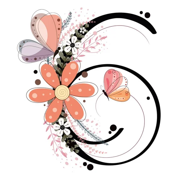 6 numara doğum günü kutlaması. Çiçekli, kelebekli ve yapraklı 6 numara. Görüntü Numarası: Altı Çiçek