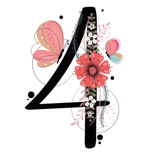 4 numara (4 numara) doğum günü kutlaması. Çiçekli, kelebekli ve yapraklı 4 numara. İllüstrasyon numaraları çiçekli