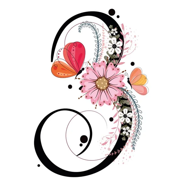 Rocznica Urodzin Numer Trzy Liczba Kwiatami Motylem Liśćmi Numery Ilustracyjne — Wektor stockowy