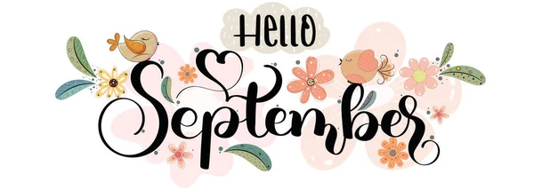 Hello September Month Vector Illustration Birds Calendar — Stock Vector