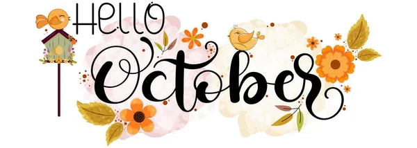 Merhaba October. Çiçek ve yapraklı Ekim ayı vektörü. Çiçek süsleme. İllülasyon ayı Ekim takvimi