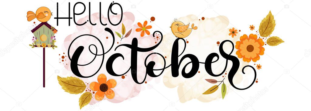 Hello October. OCTOBER month vector with flowers and leaves. Decoration floral. Illustration month October calendar