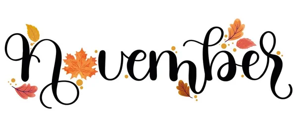 PrintHello Kasım. Çiçekler ve yapraklarla Kasım ayı vektör dekorasyonu. Kasım ayı illüstrasyonu. Merhaba Autumn.