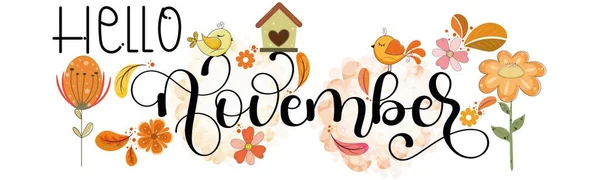 Hola Noviembre Noviembre Mes Decoración Vectorial Con Flores Pájaros Hojas — Vector de stock