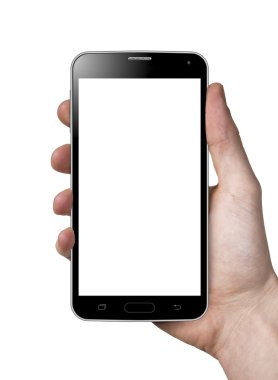 Man hand holding blank white screen smart phone.