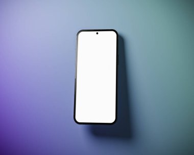 Boş ekranlı akıllı telefon soyut bir pozisyonda kenarda duruyor. Gradyan menekşe yeşili arkaplan - 3d illüstrasyon