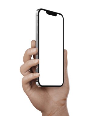 iPhone 13 Pro Silver elinde, boş ekran şablonu