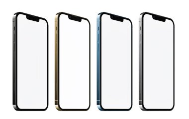 Sierra Blue, Gray, Silver ve Gold renginde iPhone 13 Pro. Boş ekran şablonu