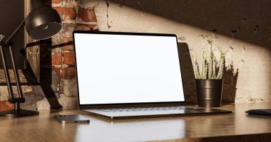 Ofis masasında boş ekranı olan bir laptop. Çatı katı biçimi, 3d illüstrasyon