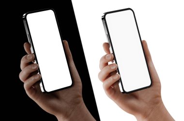 İnsan eli akıllı telefon, modern çerçevesiz tasarım, 3D illüstrasyon, gece gündüz versiyonu.
