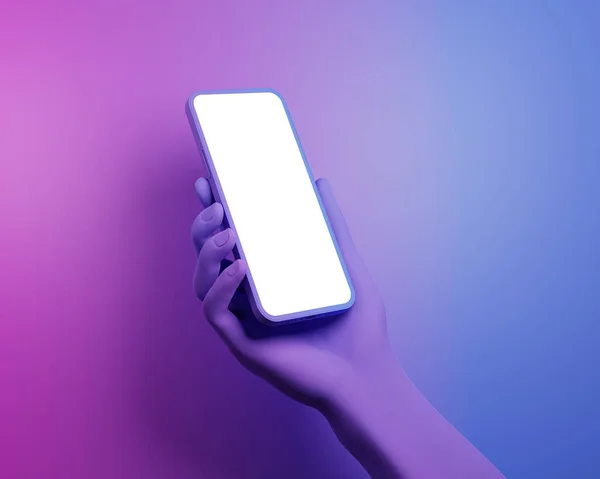 Mão Abstrata Segurando Smartphone Com Uma Tela Branco Fundo Violeta — Fotografia de Stock