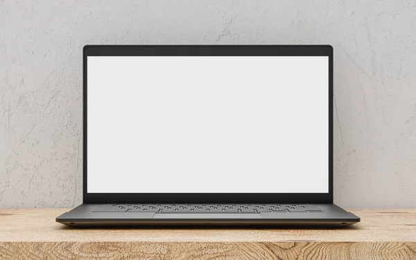 Computador Portátil Com Tela Branco Mesa Madeira Modelo Mockup Laptop — Fotografia de Stock