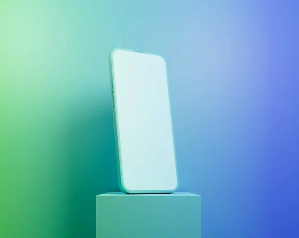 Smartphone Com Uma Tela Branco Fica Borda Pódio Fundo Gradiente — Fotografia de Stock