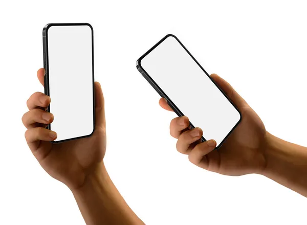 男性の手は 右側の下から2つの位置を空白の画面と現代的なフレームレスなデザインで銀製のスマートフォンを保持 白の背景に隔離 — ストック写真