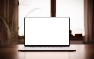 Ev içi masadaki çerçevesiz boş ekranlı dizüstü bilgisayar - 3d oluşturma