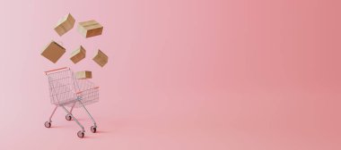 Sade pembe arka planda eşyalarla dolu bir alışveriş arabası. İnternet alışveriş kavramı - 3D görüntüleyici