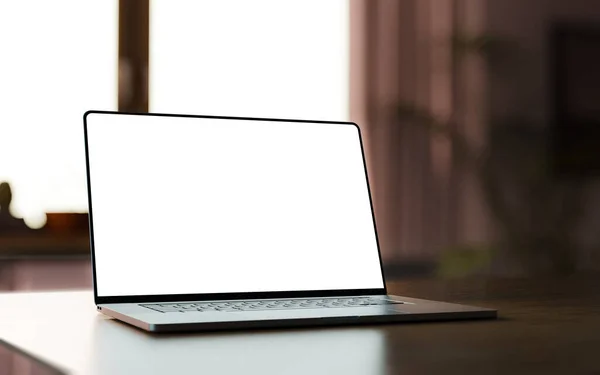 Laptop Dengan Layar Kosong Tanpa Bingkai Atas Meja Interior Rumah — Stok Foto