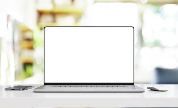 Laptop Met Frameloze Blanco Scherm Tafel Het Interieur — Stockfoto